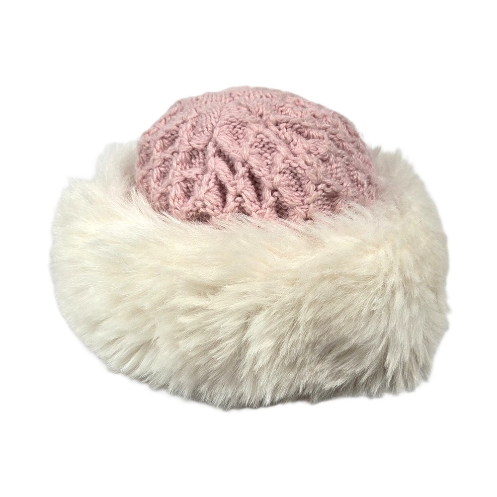 Vintage Hansen Faux Fur Trim Cable Knit Beanie Hat Zwicker Knitting Mills Pink